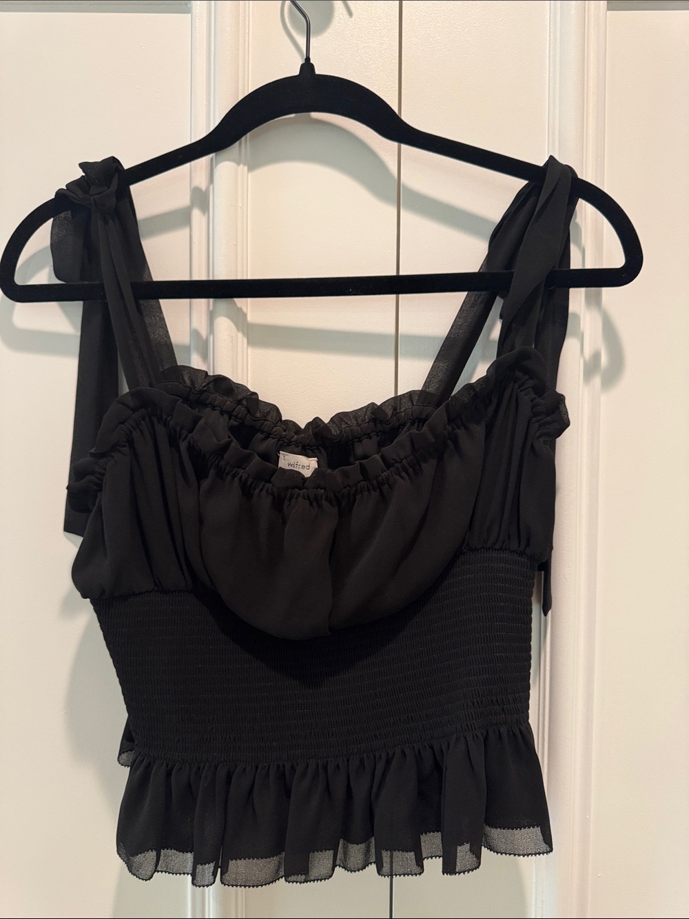 Wilfred Black Ruffle Tie-Shoulder Smocked Crop Top